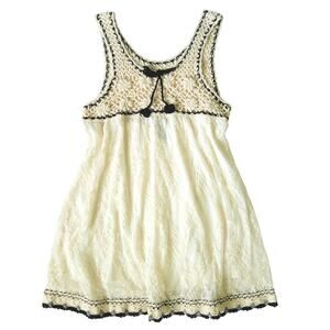 Y2K Rain Womens Large Cream White Boho Babydoll Top Lace Crochet Bow Mesh
